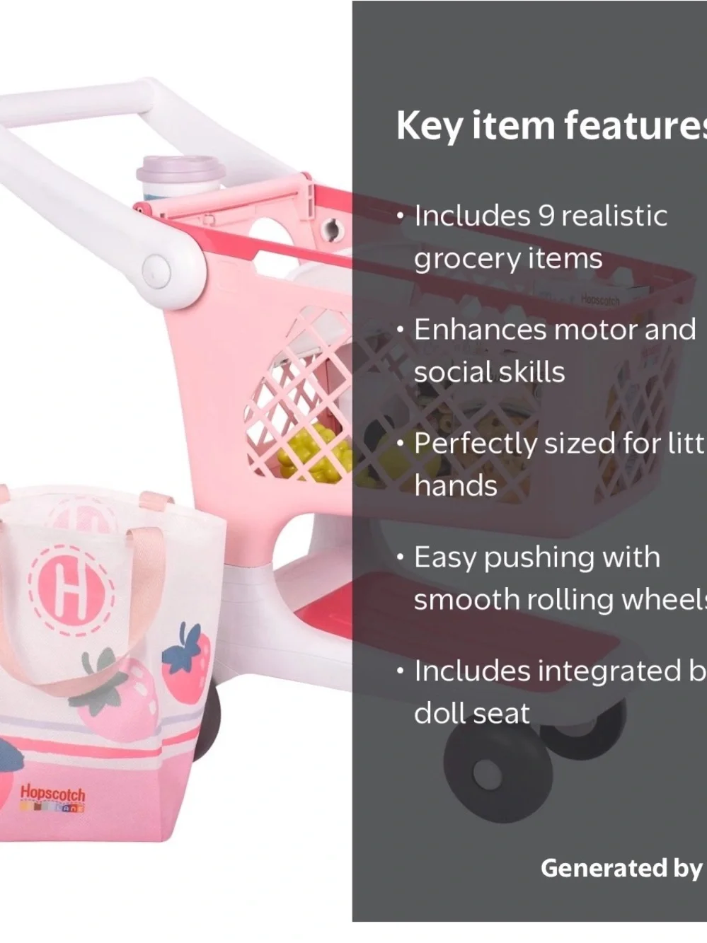 Pink Kids Play Shopping Cart with Tote Bag